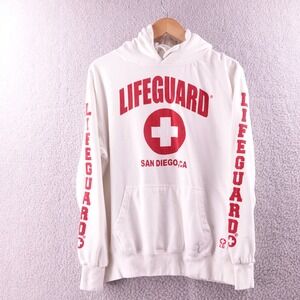Lifeguard San Diego CA Graphic Hoodie Sweatshirt White Red Womens Size Medium